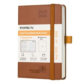 POPRUN Daily Planner 2025 2026 16 x 10.5 cm, Daily Calendar A6 1 Day 1 Page (Monday - Sunday), Diary (Aug.2025-Jul.2026) Soft Cover with PU Leather - Brown