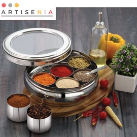 ARTISENIA High Grade Stainless Steel Spice Container 7 Containers and Small Spoon Orange See Through Masala Box Indian Masala Dabba with size 7.5 X 7.5 inches