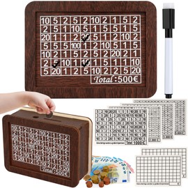 Wooden Money Saving Box, Wooden Cash Saving Box with Counter, Reusable Cash Vault Wood Savings Box with 6 Target Stickers and Erasable Pen, Saving Challenge Box for Kids, Adults-Euro Version