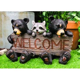 Rustic Bears and Raccoon Statue Holding an Outdoor Faux Wood Welcome Sign in ...