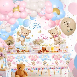Lecheme 270 Pcs Bear Gender Reveal Decorations Kit: He or She Bear Banner Baby Reveal Plates Napkins Cups Tablecloth Balloons, We Can Bearly Wait Gender Reveal Decorations Serve 24