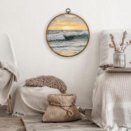 XPH Ocean Beach Sunset Round Wall Art Framed, Minimalist Abstract Modern Coastal Circle Wall Decor, Nautical Coastal Hanging Canvas Prints for Beach Room Lake House Decoration, 10x10 Inch 305