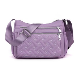 YUESITE Women's Shoulder Bag, Small Quilted Shoulder Bag with Multiple Pockets, Lightweight Waterproof Messenger Bags, Nylon Purse, Handbag, light purple