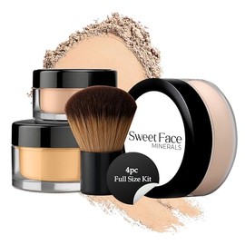 Sweet Face Minerals 4 Pc Full Size Kit with Kabuki Mineral Makeup Set Bare Skin Sheer Powder Foundation Cover Beige 4 piece Full Size Kabuki Kit      