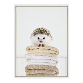 Kate and Laurel Sylvie Fold Hedgehog 1 Framed Canvas Wall Art by Amy Peterson Art Studio, 18x24 White, Bathroom Laundry Room Art Wall Décor