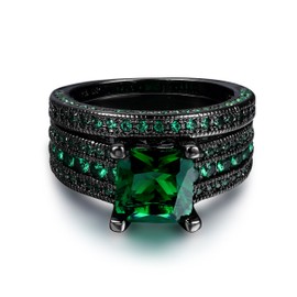 Fashion jewelry Black Gold Plated Green Or Blue CZ Eternity Band Ring Set For Her And Him (Black Gold-Green, 7)