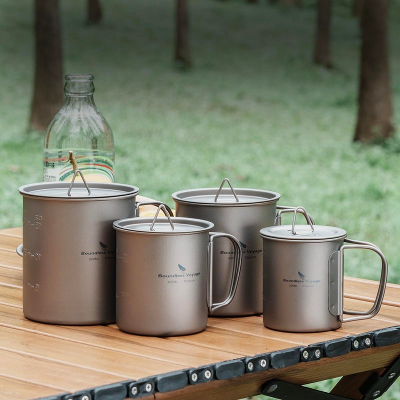Boundless Voyage Single Walled Titanium Cup with Lid Folding Handle
