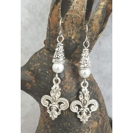 Fleur De Lis Handmade Earrings White Accent