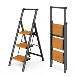 WOA WOA 3 Step Ladder, Ladders for Home, Anti-Slip Pedals, Aluminum Step Stool Foldable, Lightweight to Move, Ease of Storage, Reach 8ft for Closet Kitchen Library, Hold 300lbs - Black&Wood Grain