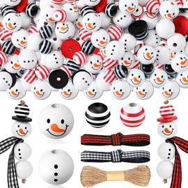 180 Piece Christmas Snowman Wooden Bead Winter Wooden Bead Christmas Buffalo Plaid Wood Round Bead Christmas Print Wooden Beads with DIY Twine Scarf Wooden Beads for Crafts (Lovely Colors)