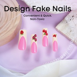 FOXIIU Press on Nails Long Coffin Shaped Glossy Full Cover Acrylic Long Length French False Nails with Designs Artificial Long Square Fake Nails with Charms Glue ons Fingernails for Women(GZ1036)