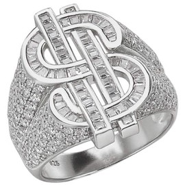 HarlemBling Solid 925 Sterling Silver - Money $ Ring - Iced Flooded Out Baguette Diamond Mens Hip Hop Dollar Sign Ring - Sizes 7-13 (7)