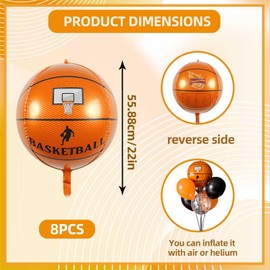 Big 8 Pieces Basketball Balloons, Basketball Birthday Decorations Set 22-Inch 4D Basketball Balloons 8 Pieces, Premium Quality Foil, Reusable, Perfect for Sports-Themed Parties and Events