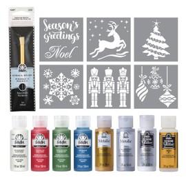 FolkArt Holiday Acrylic Paint Kit, 15 Piece Set Including 6 Stencils and a Premium Brush