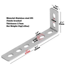 GBGS 10-Pack Slotted L Brackets,6-1/8" x 2-1/4", 2.7 mm Thick,Adjustable Right Angle Bracket for Shelves,201 Stainless Steel