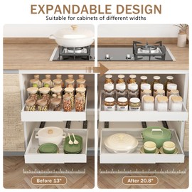 Expandable Pull Out Cabinet Organizer 13"-20.8", Upgraded 3 Sliding Rails Pull Out Drawers for Cabinets 21" Deep, Cabinet Pull Out Shelves with Nano Film Adhesive for Kitchen, Pantry or Bathroom
