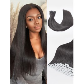 LUVME Yaki Straight Real Human Hair Tape in Extensions Natural Black 14Inch 50Pcs 110g Double Sided Tape for Skin Weft Hair Extensions Black Seamless Hair Extensions Human Hair