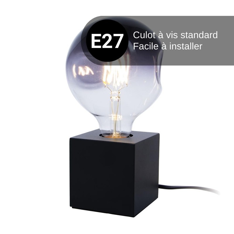 Cube table lamp in black metal, E27 base compatible, IP20,