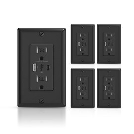 ALASTECH Black Wall Outlet with USB-A & USB-C Ports, 3.6A Dual High Speed Receptacle Outlet Support Fast Charging Capability, 15 Amp Tamper-Resistant Outlet, Wall Plate Included, UL Listed, 5 Pack