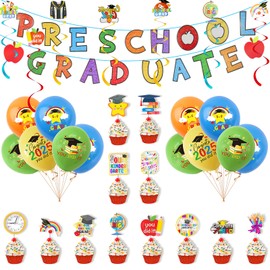 32Pcs Preschool Graduation Decorations, Congrats Grad Decor Supplies Set with Banner Hanging Swirls Photo Booth Props Balloons 2025 for Kindergarten Graduation Celebration Party Gift