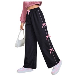 WDIRARA Girl's Bow Side Waist Track Pants Cute Wide Leg Trousers Black 10Y