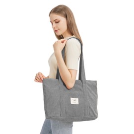 Women's Corduroy Large Handbag Tote Bag Shopper with Zip for Books Travel Everyday School Work Shopping, gray