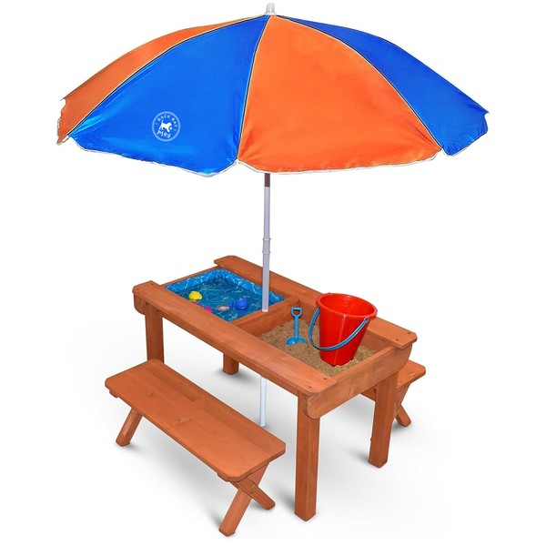 Back Bay Play Kids Sand and Water Table Premium Wooden Indoor Outdoor Convertible Picnic Table - Activity Sensory Toy Playset Promotes Learning – Removable Lids for Sandbox & Splash Pool (Natural