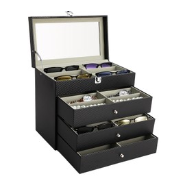 WsrrLun 24 Slot Eyewear Display Case, 4 Tier Glasses Storage Case with Clear Glass Top, 4 Drawer Jewelry Organizer Tray, 13.2"x7.5"x11.6", Black