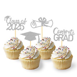 2025 Graduation Theme Cupcake Toppers Glitter Class of 2025 Graduation Cap Diploma Cupcake Picks - Set of 24 (Silver)