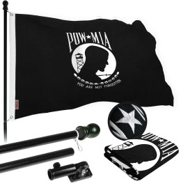 UD_G128 Flag Pole 6 FT Black Tangle Free & POW MIA Flag Emb 3x5 FT Combo Embroidered Spun Polyester