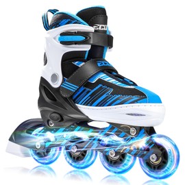 ECOO Adjustable Inline Skates Boys and Girls with Light up Wheels，Roller Skates for Kids Ages 4-12, Teen Skates for Beginner Outdoor and Indoor (Blue, XLarge-Youth & Adult（6-9 US）)
