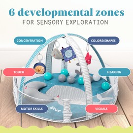 TODDLETUFF Baby Play Gym, Activity Mat | Baby Ball Pit Play Area with 5 Detachable Toys + Half Moon Pillow | Tummy Time Mat Promotes Motor Skills & Sensory Development [Whale Theme]