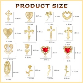 Tressora 128 Piece Nail Charms Set, High Quality Golden 3D Nail Art Charms With Hearts, Crosses, Roses And Virgin Mary For Creative Nail Designs