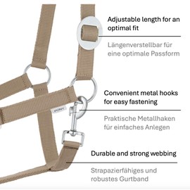 Halter Lead Rope Set with Snap Hook Adjustable Horse Halter Horse Wooden Horse Tie Rope (Carabiner Hook Khaki, Shetty)