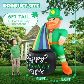 6FT St. Patricks Day Inflatable Outdoor Decorations, Leprechaun Yard Decor with Shamrocks Gold Pot & Rainbow Built-in LED Lights Blow up St Patrick‘s Holiday Decoration for Outside Lawn Garden Home