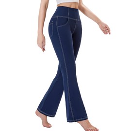 Chasehot Flare Leggings for Women, 31" Stretch High Waisted Bootcut Workout Yoga Pants with Pockets Tummy Control Butt Lift Bell Bottom Jeans for Women,Navy-XL