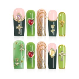 HOMSERA Handmade Press on Nails Long Square, XL French Tip Green and Gold Glitter Fake Nails with 3D Flower Heart and Cross Design, 10 PCS Reusable Full Cover Sparkling Fake Nails for Women
