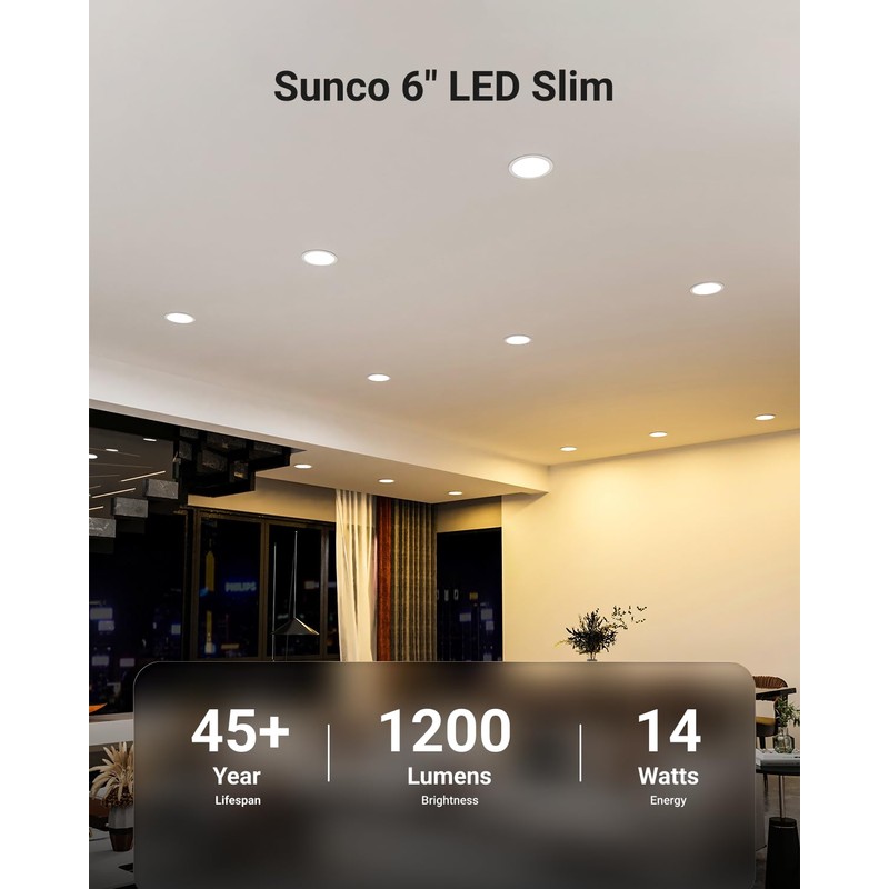 Sunco Recessed Lighting 6 Inch LED, Canless Ceiling Lights Slim