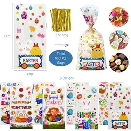 allydrew Easter Cellophane Treat Bags With Twist Ties for Candy, Cookies, Treats, Gifts and Party Favors (100pcs), Happy Easter