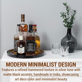 MyGift 12 Inch Round Decorative Platter, Silver Tone Plated Hammered Aluminum with Matte Black Accent Serving Plate, Centerpiece Base or Vanity Tray - Handcrafted in India