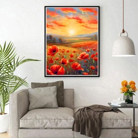 DPHERO DIY Poppies Diamond Painting Pictures for Adults Beginners, 5D Flowers Diamond Painting Set, DIY Sunset Round Stones Diamond Art Kits, Diamond Painting for Home Decor 30 x 40 cm