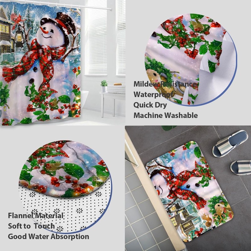 4 Pcs Winter Merry Christmas Shower Curtain Sets with Rugs