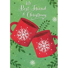 Designer Greetings Two Red Mugs with Sparkling Snowflakes on Green Background Best Friend Christmas Card