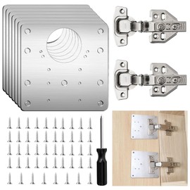 Set of 2 Hinges for Cabinet Doors, CYLBAQ Cabinet Hinges, 8 Pieces Hinge Repair Plate with 48 Pieces Screws and Screwdriver, Stainless Steel Repair Kit 9 x 9 cm Hinge Repair