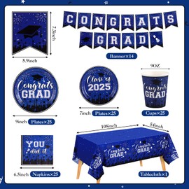 NatNarr Graduation Plates and Napkins 2025 Blue Graduation Party Supplies Decorations Class of 2025 Disposable Graduation Tableware Set for Congrats Grad Party,Serve 25