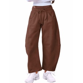 SeekMe Women's Barrel Leg Sweatpant Drawstring Elastic Waisted Wide Leg Pants Casual Cotton Palazzo Trousers with Pockets (0009-Coffee-M) Caramel Brown