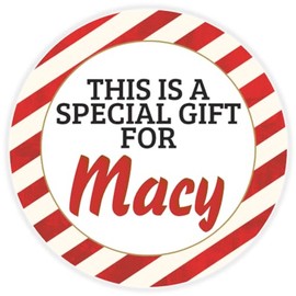 This is a Gift for Macy - 100 Pack Circle Stickers 3 Inch - Candy Cane Merry Christmas Gift Tag Present Tree Holiday Custom Name Santa Claus