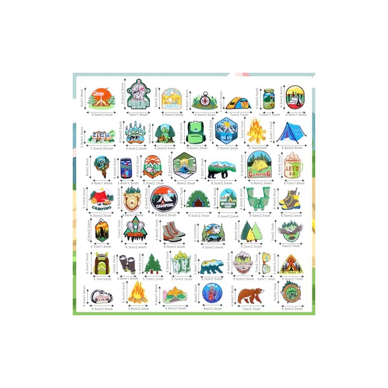 48 Camping Themed Iron-On Patches for DIY Crafts