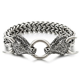 Steel Square Franco Chain Curb Chain Bracelet Dragon Head with Scales Spiked Horn, Old Metal Antique Silver Color