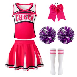 WonderPapa Cheerleader for Girls Cheerleading Outfit With Pom Poms Leader Outfit (5-6 Years,Pink)